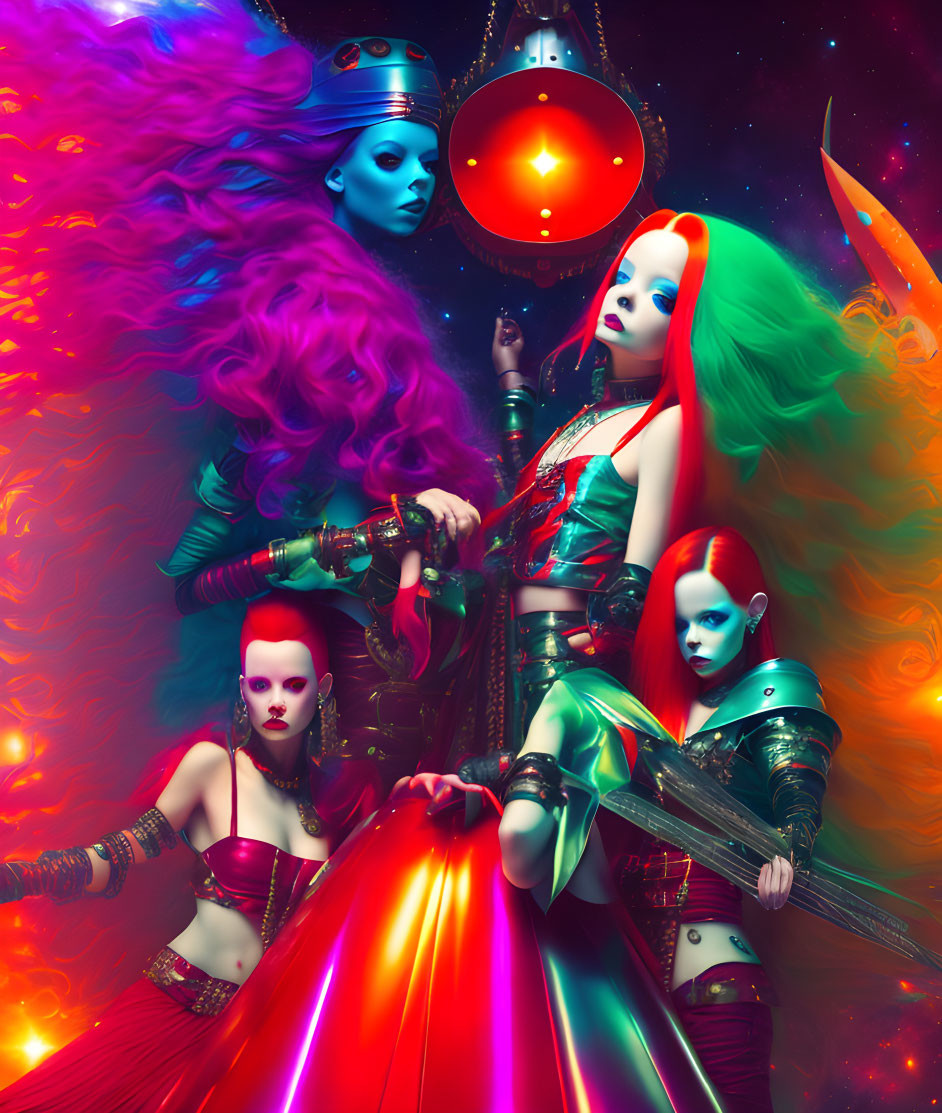 Four futuristic women with colorful hair and alien makeup, posing in sci-fi costumes with a glowing orb against