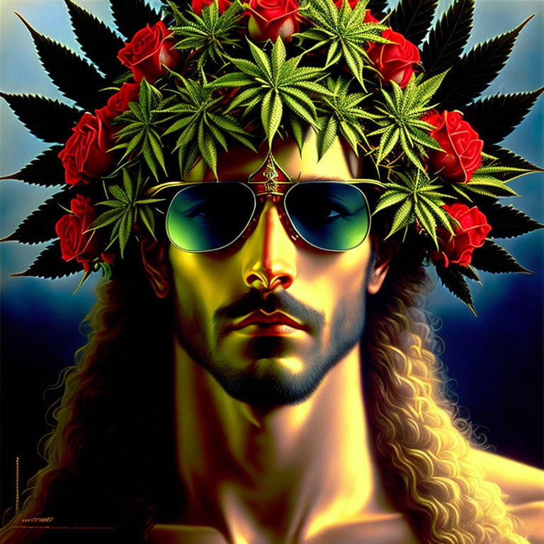 Portrait of man with cannabis crown & roses in aviator sunglasses