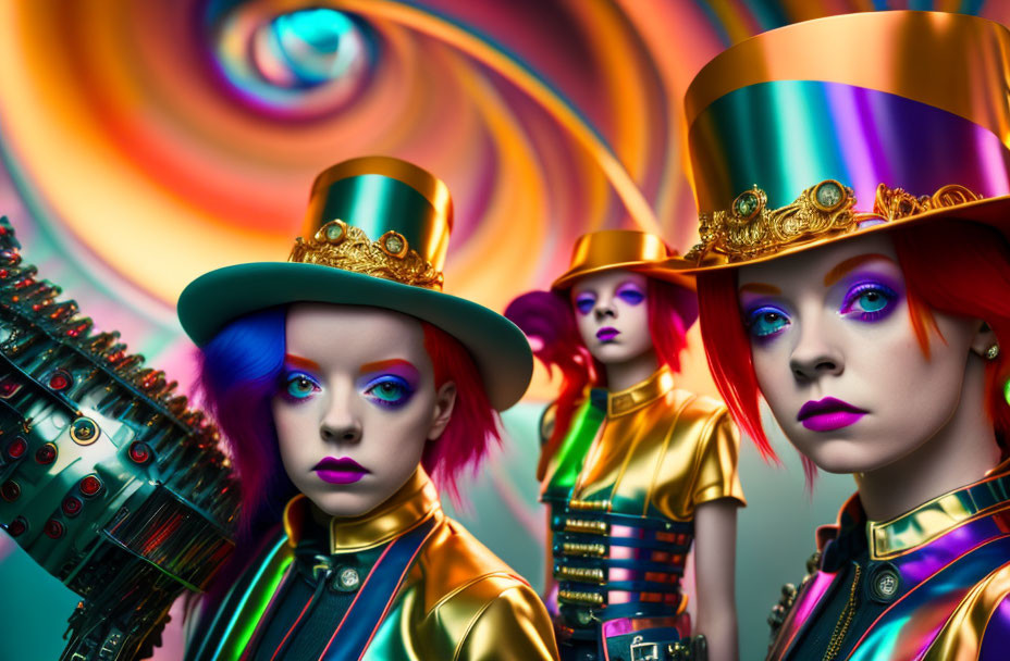 Vivid makeup and steampunk attire on three individuals with top hats and goggles