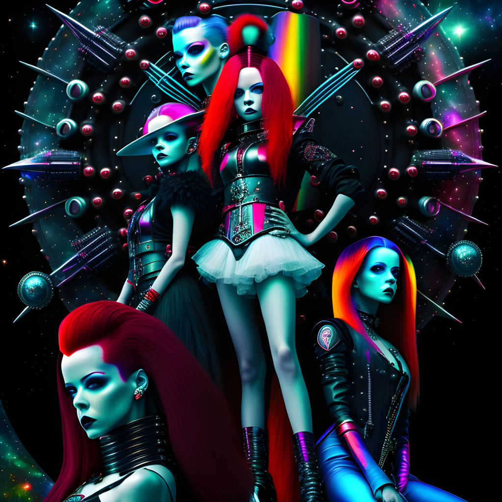 Four futuristic women with colorful hair and makeup in cosmic setting