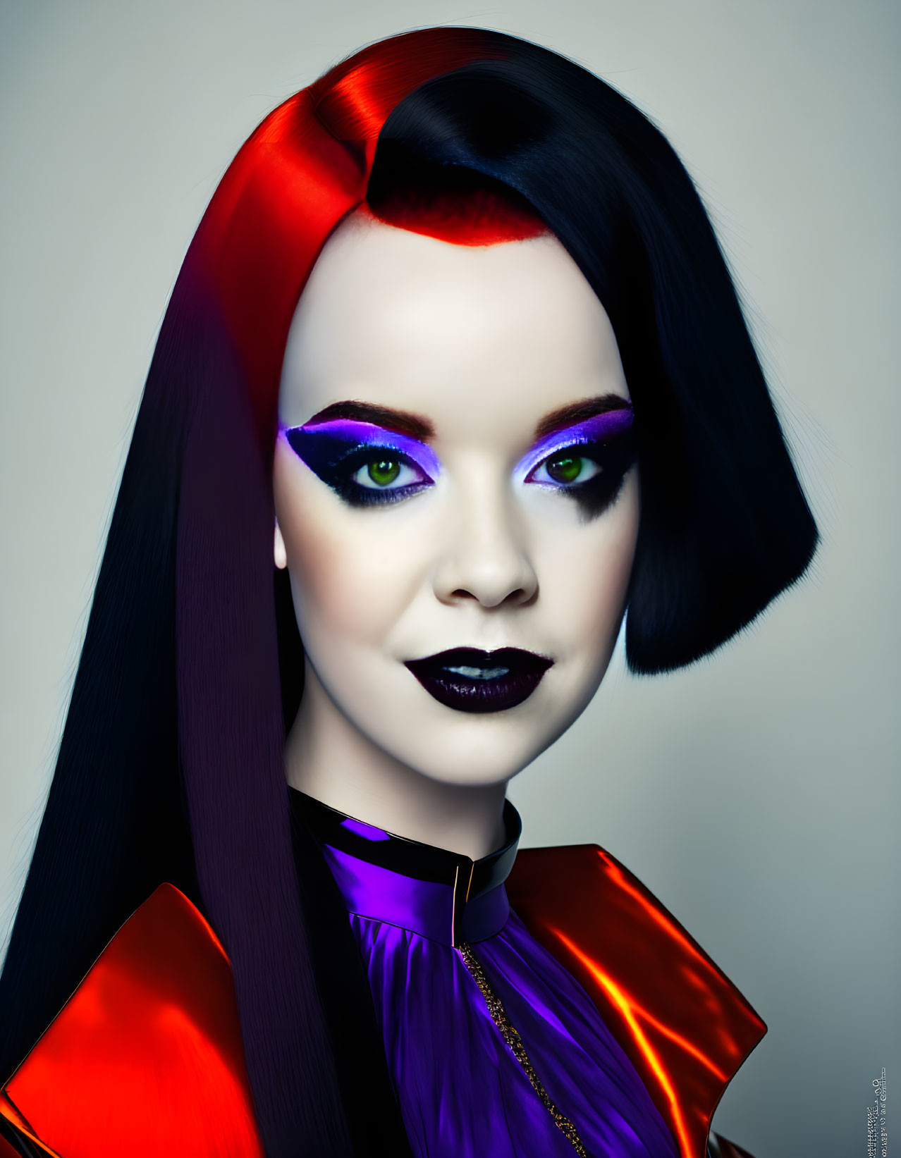 Striking Digital Portrait with Purple Makeup and Bold Outfit