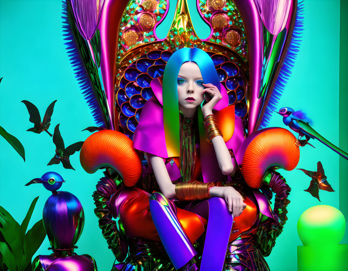 Blue-skinned female figure on ornate throne in vibrant, surreal scene