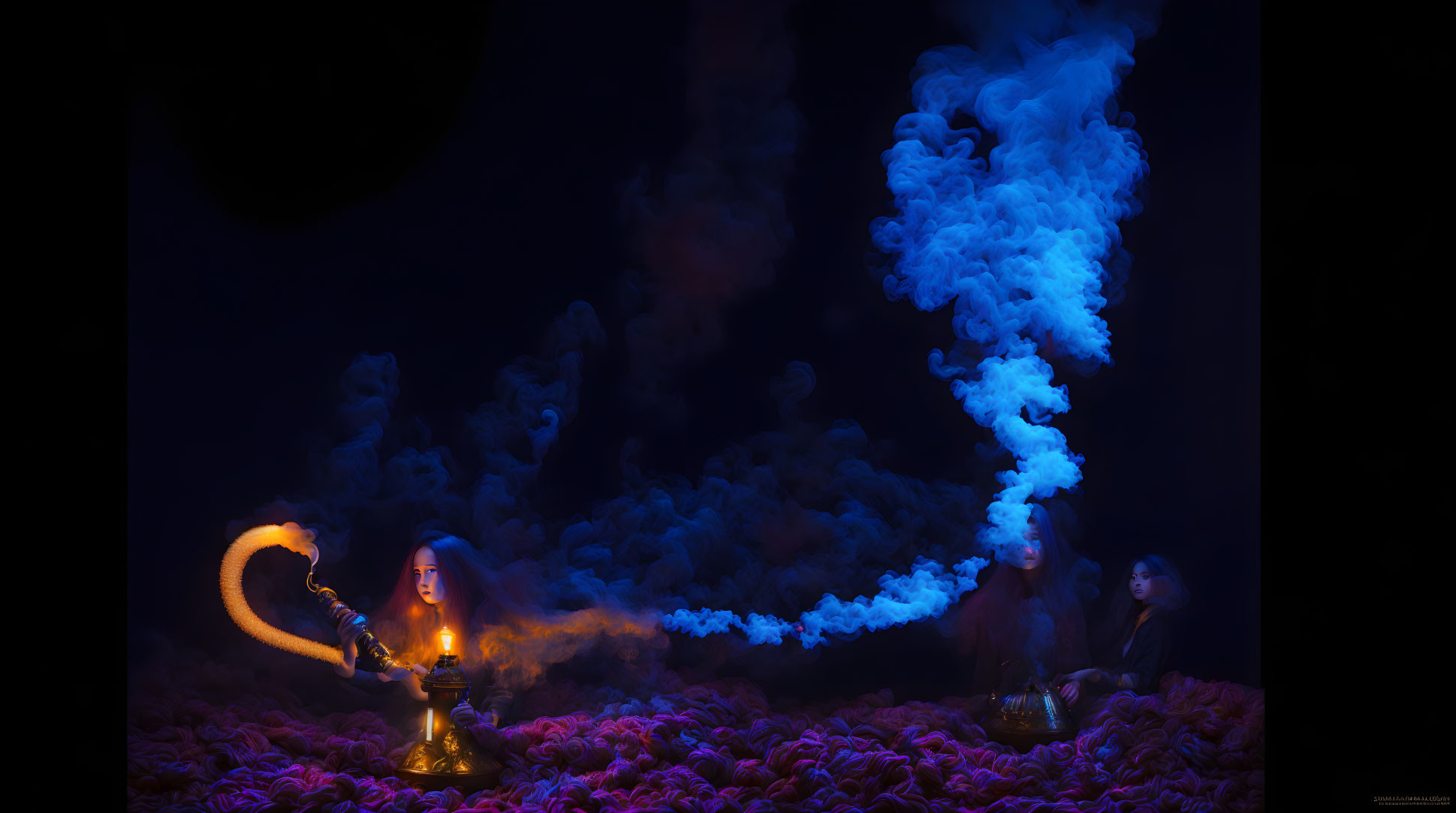 Three Figures Around Glowing Cauldron in Surreal Scene