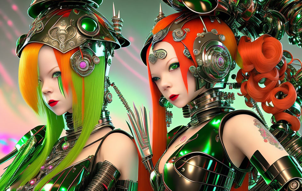 Colorful female cyborgs with intricate metallic headgear and vibrant hairstyles on colorful backdrop