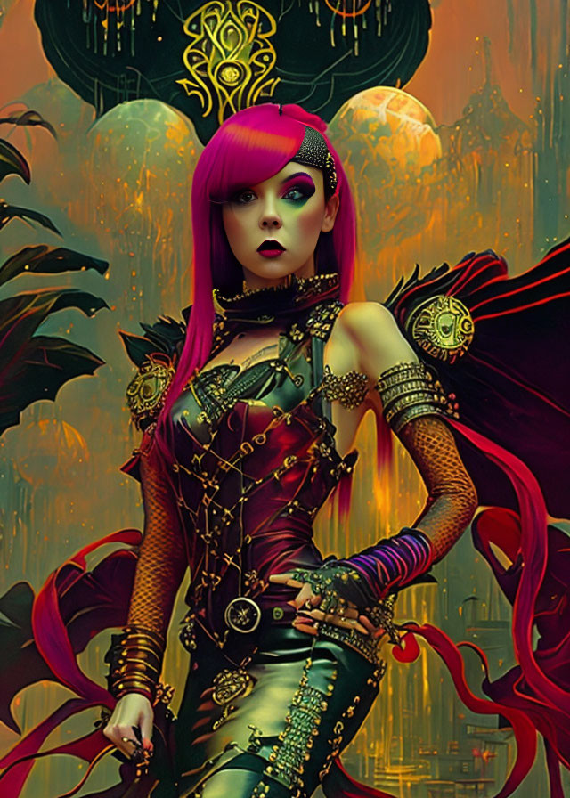 Vibrant image of woman with pink hair in gothic outfit against fantastical backdrop