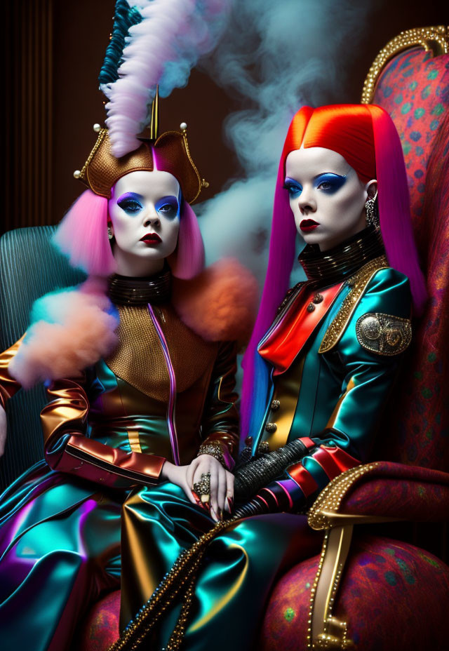 Two women with vibrant hair and futuristic outfits exhale smoke back-to-back