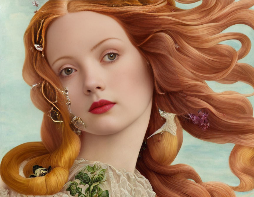Portrait of woman with red hair, flowers, and jewelry.
