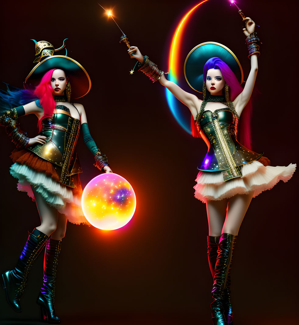 Vibrant female figures in fantastical costumes with glowing orb and crescent moon staff.