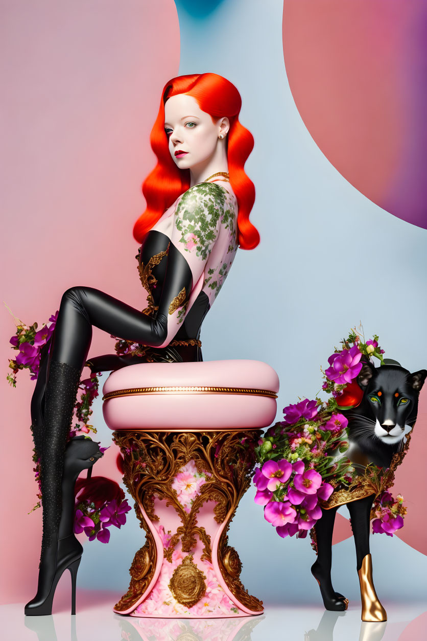 Red-haired woman with dog on ornate stool in pastel setting