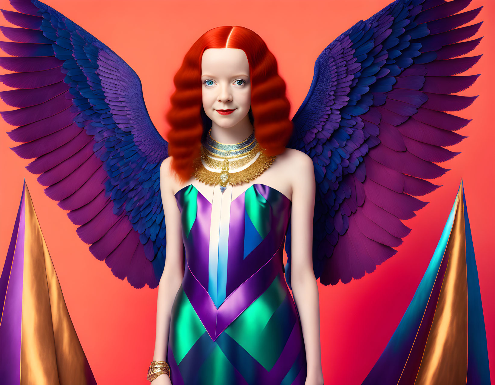 Colorful digital artwork of female figure with red hair and blue wings in geometric dress.