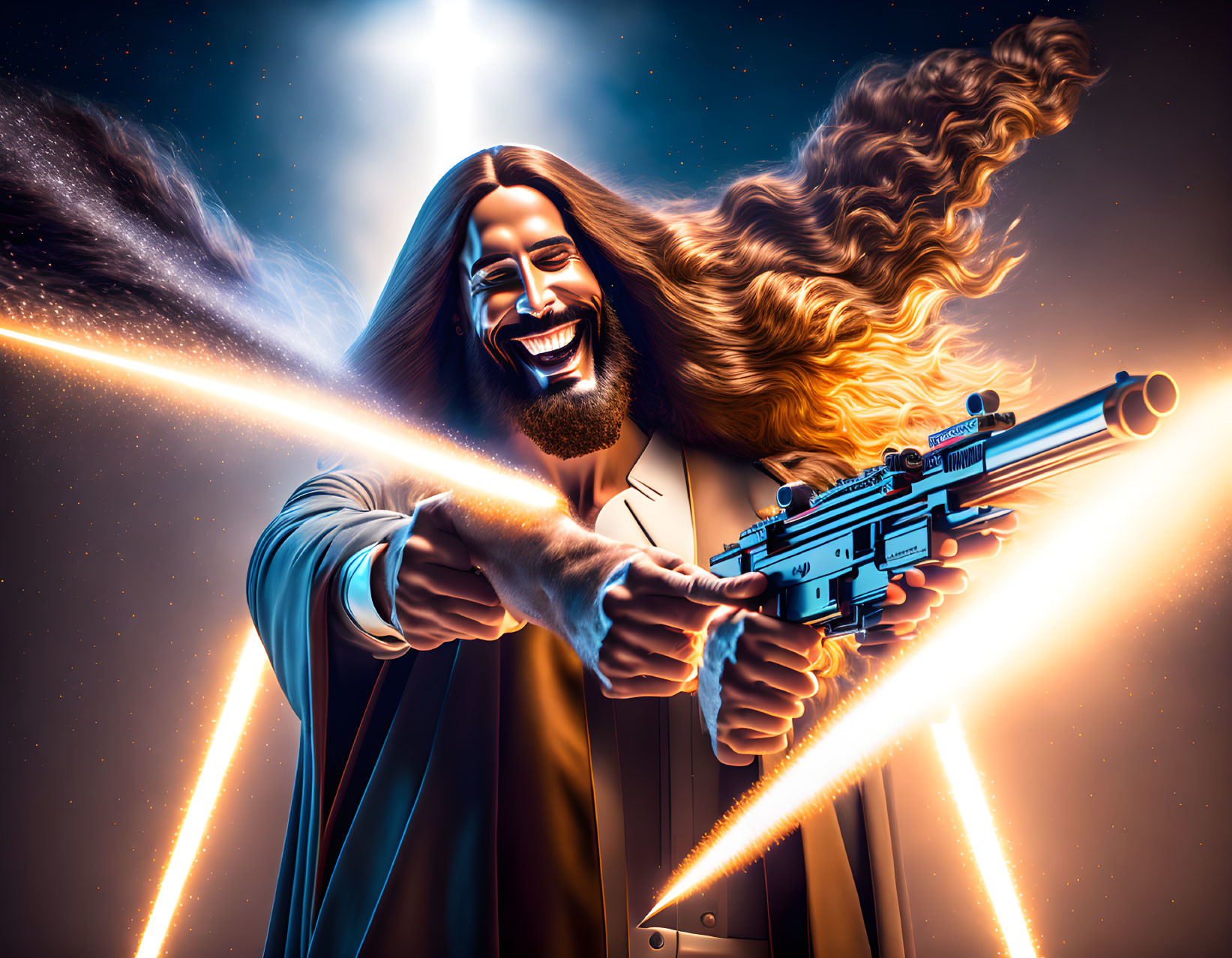 Smiling man with futuristic blasters in cosmic setting