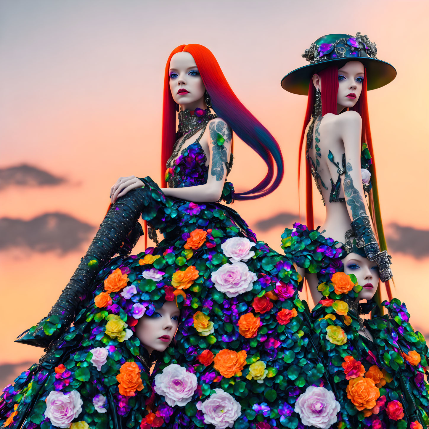 Mannequins in Floral Dresses and Vibrant Hair at Sunset
