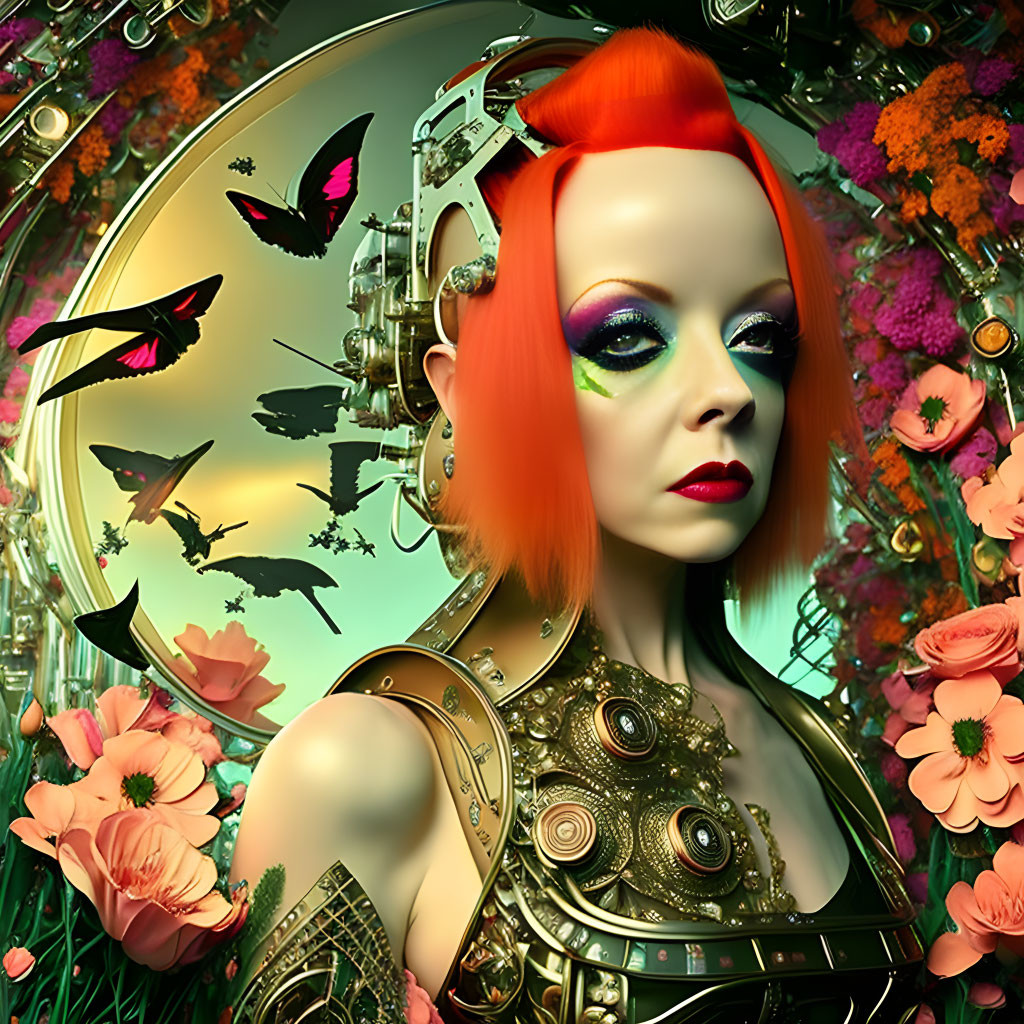 Red-haired female with bold makeup in colorful collage of flowers, butterflies, and mechanical elements under golden clock