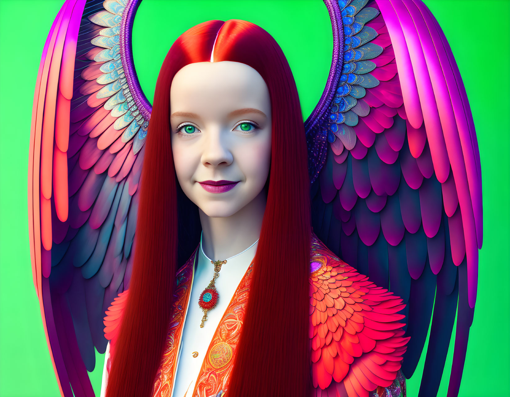 Digital artwork featuring girl with red hair, multicolored wings, ornate orange dress on green background