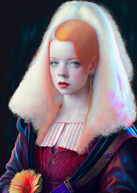 Striking surreal portrait with orange and white hair, blue skin, golden earrings, and renaissance-inspired