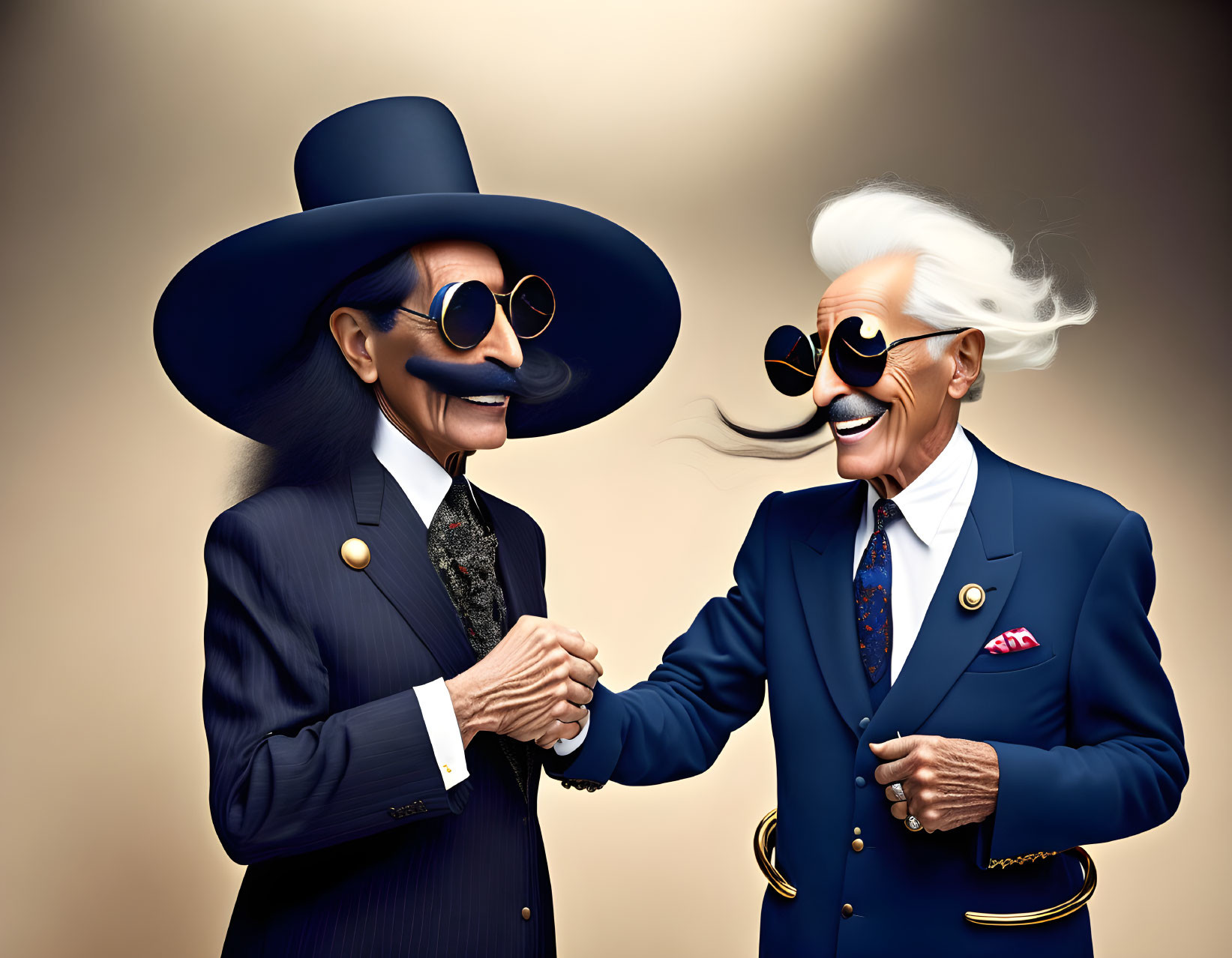 Elderly animated men in stylish suits and hats shaking hands