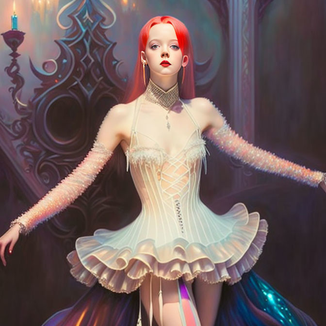 Red-haired person in white corset dress with pearl arm sleeves in ornate room