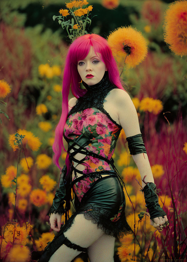 Pink-haired woman in floral corset dress among yellow flowers