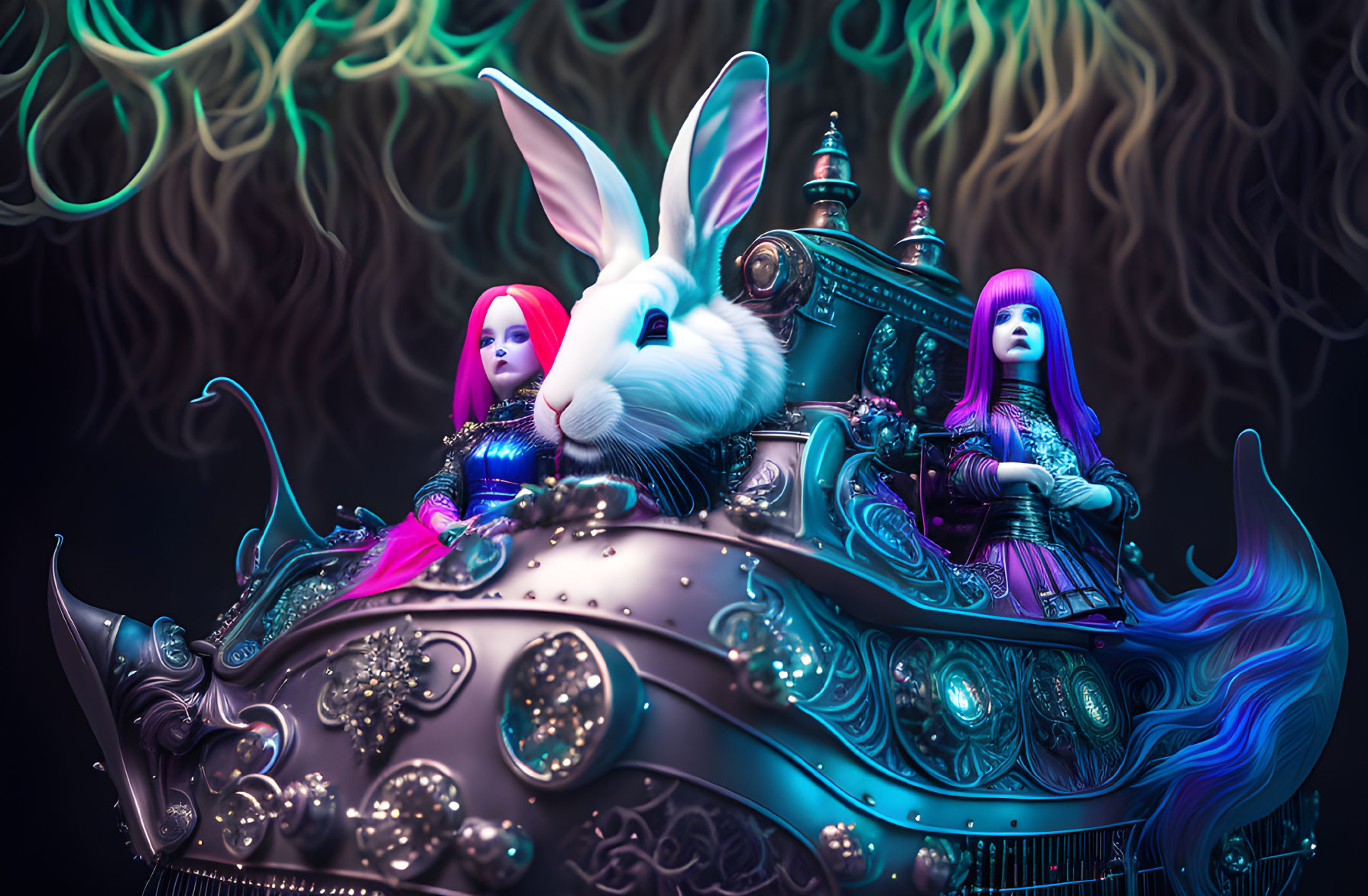 Surreal digital art: giant white rabbit, ornate mechanical vehicle, two female figures with purple