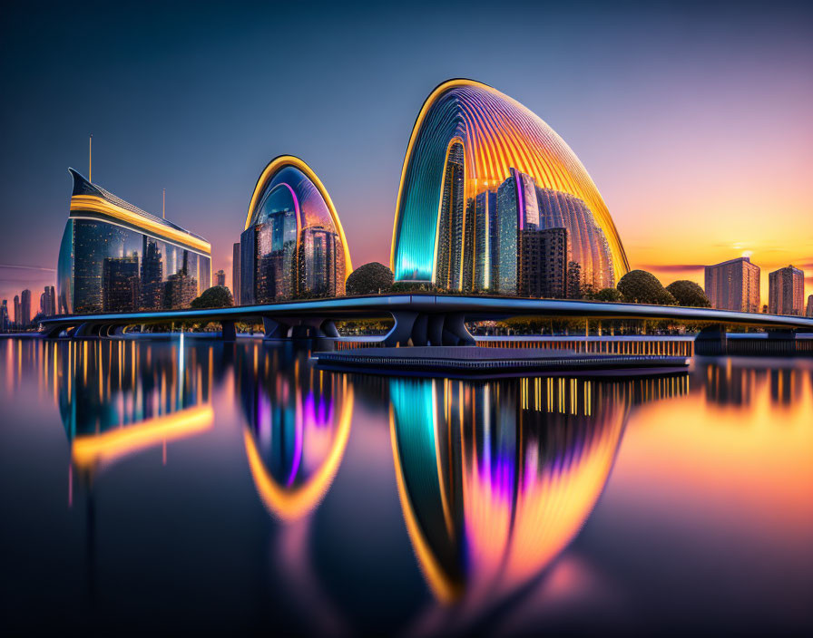 Futuristic curved buildings in modern cityscape at sunset