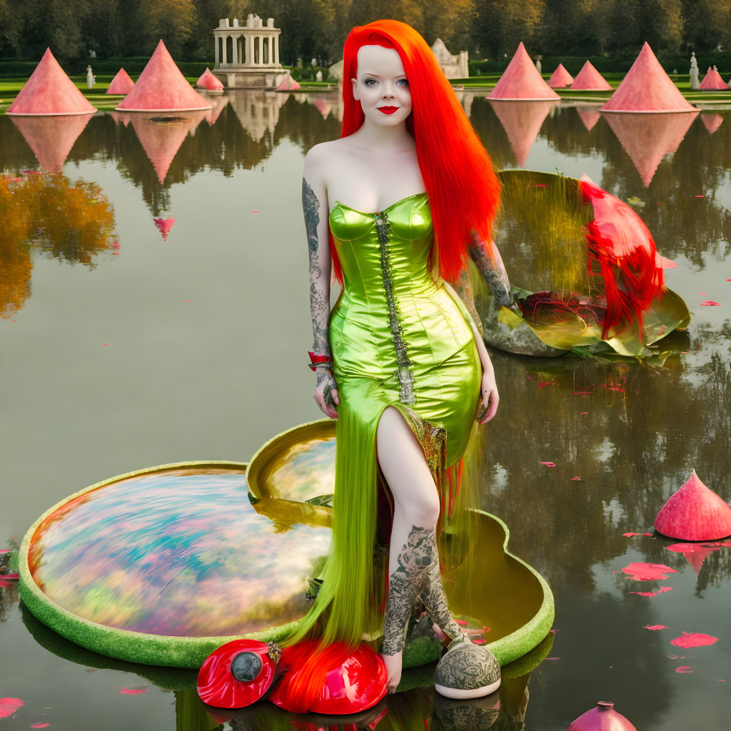 Colorful woman on water lily pad in pond with pink pyramids