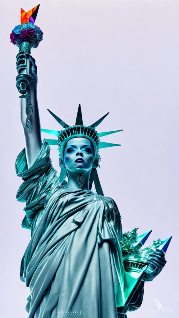 Person with Statue of Liberty-inspired makeup holding flame on blue background