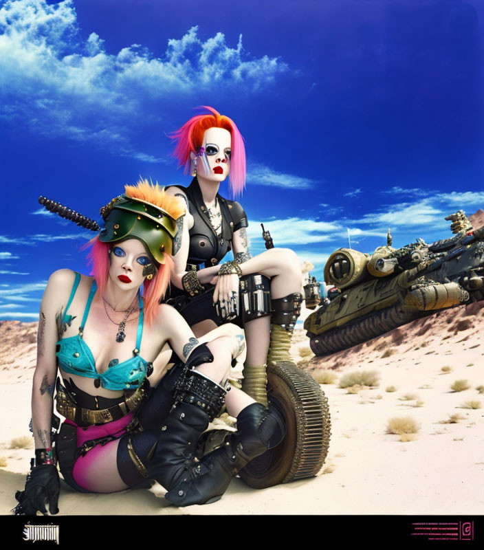 Vibrant punk-style characters in desert setting with tank in background