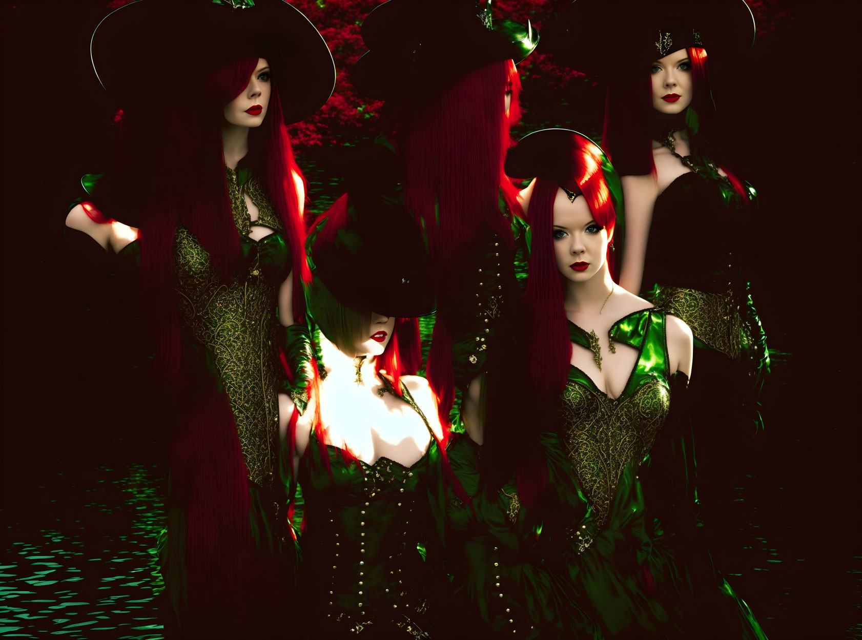 Stylized digital art: Four red-haired women in green dresses in dark, moody forest