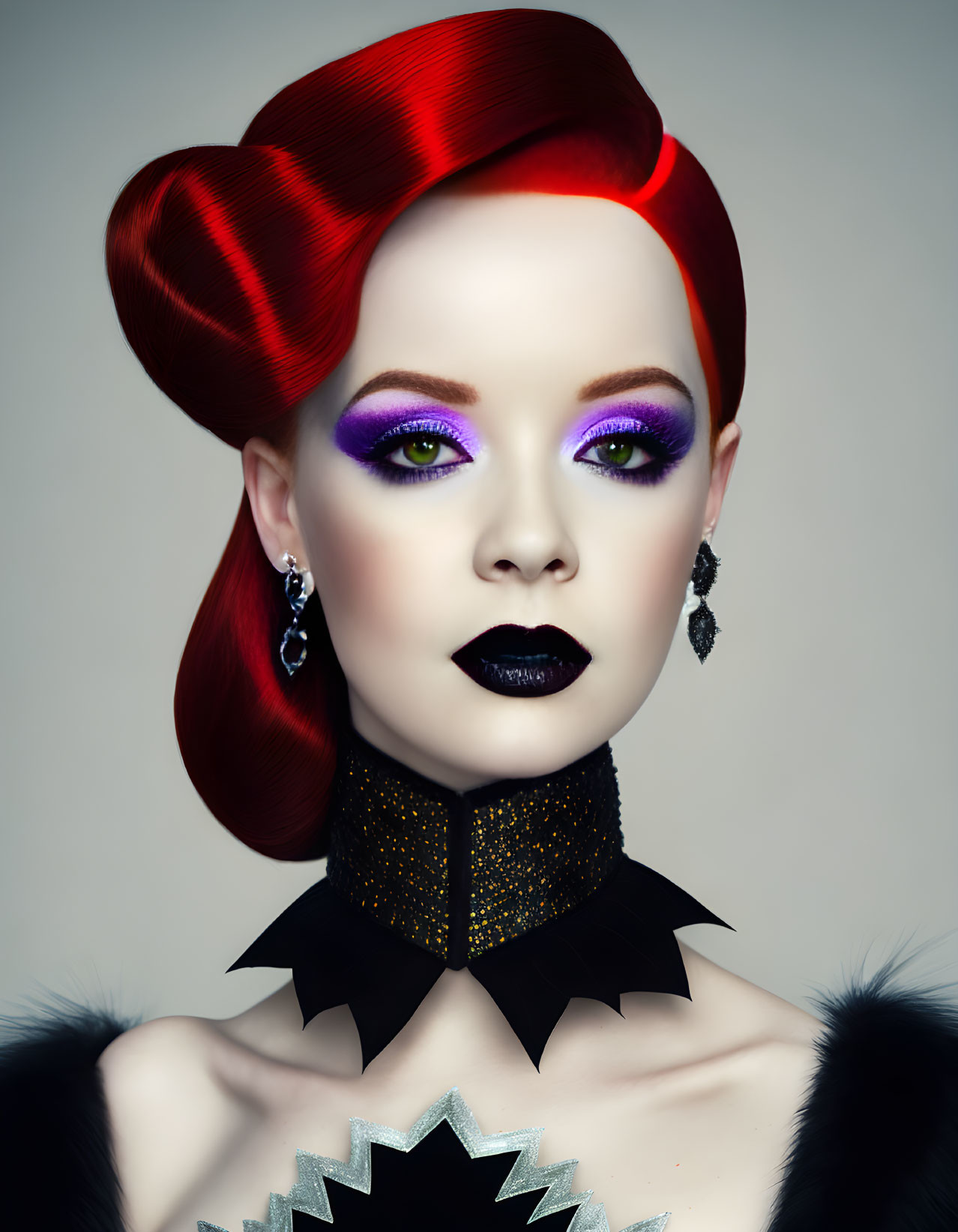 Red-haired woman in dramatic makeup and black attire