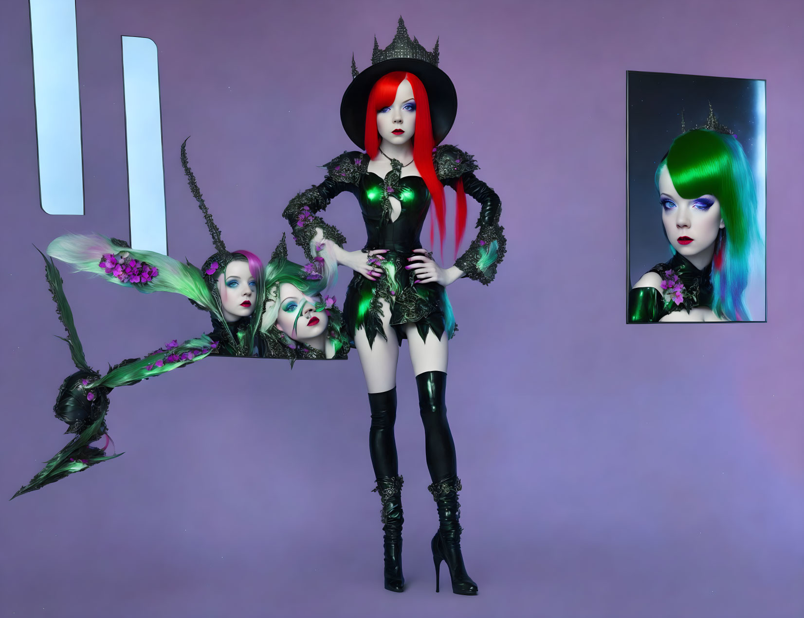 Stylized red-haired woman in gothic attire with green crystal, surreal elements, portrait, purple