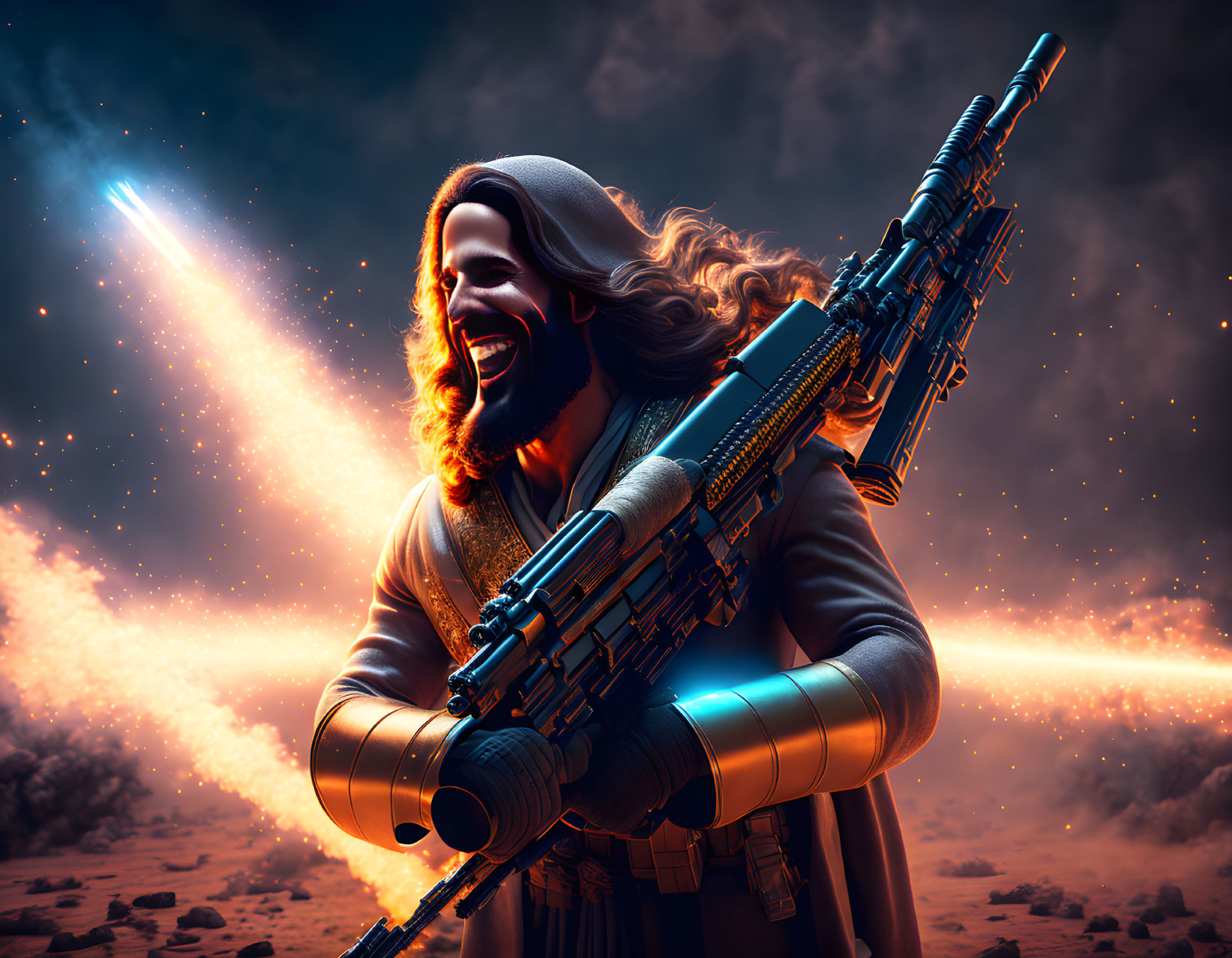 Smiling man in futuristic armor with rifle under starry sky