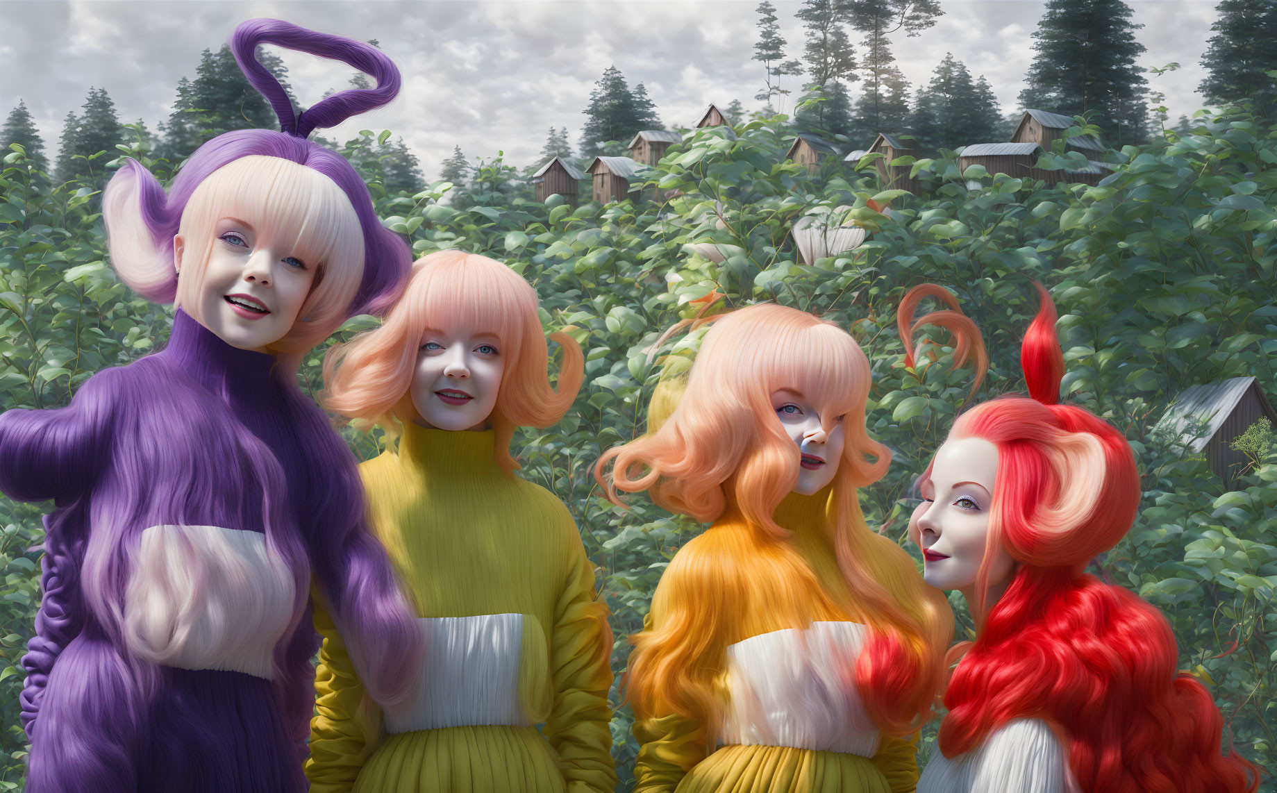 Four Women with Pastel-Colored Hair and Theatrical Makeup in Whimsical Forest Setting