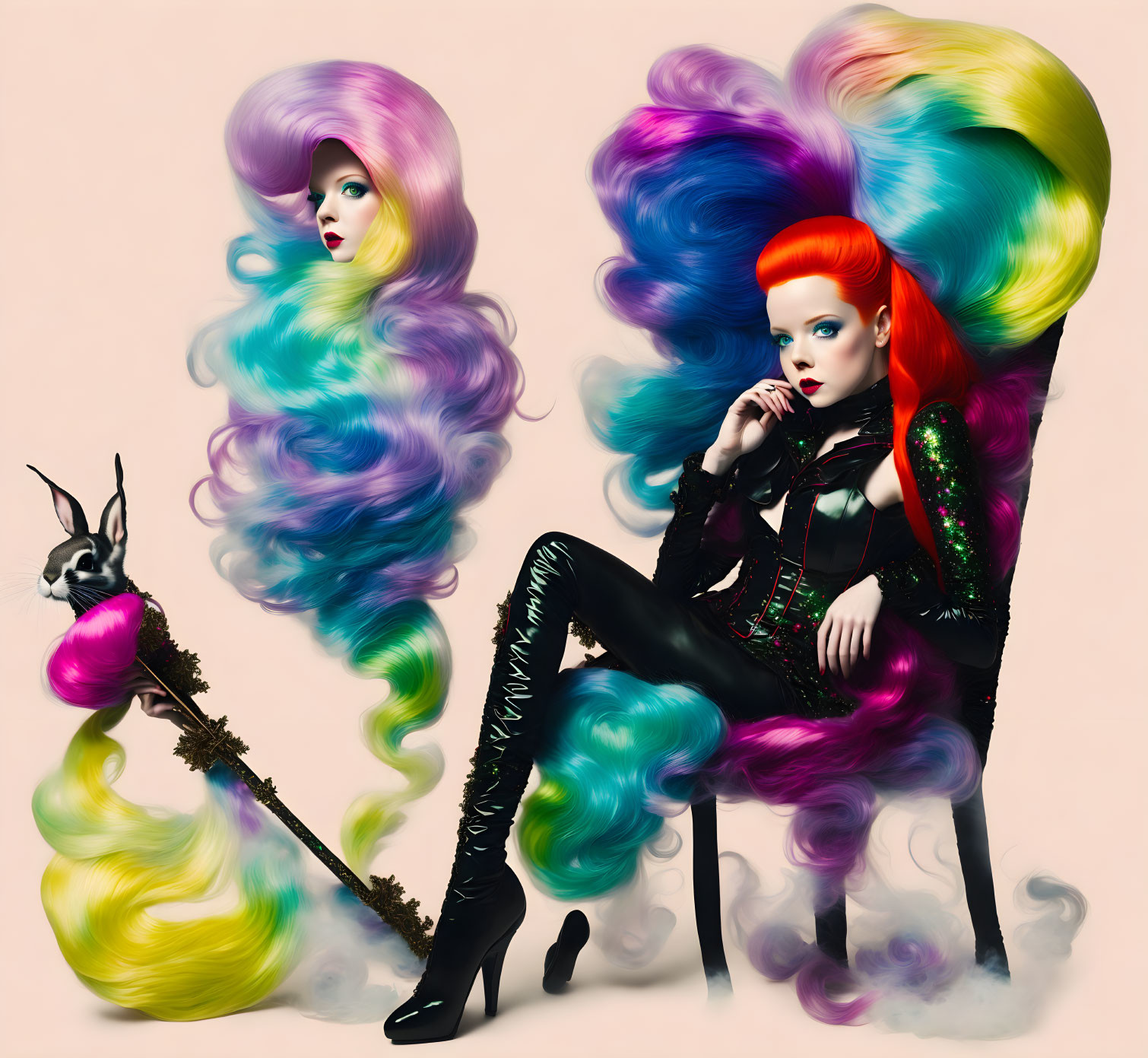 Colorful Witchy Women with Exaggerated Hairstyles and Broom Pose Artistically
