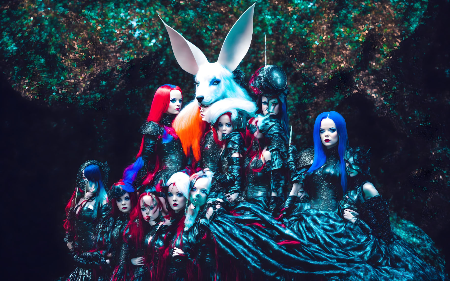 Colorful individuals in metallic costumes pose with white rabbit in forest.