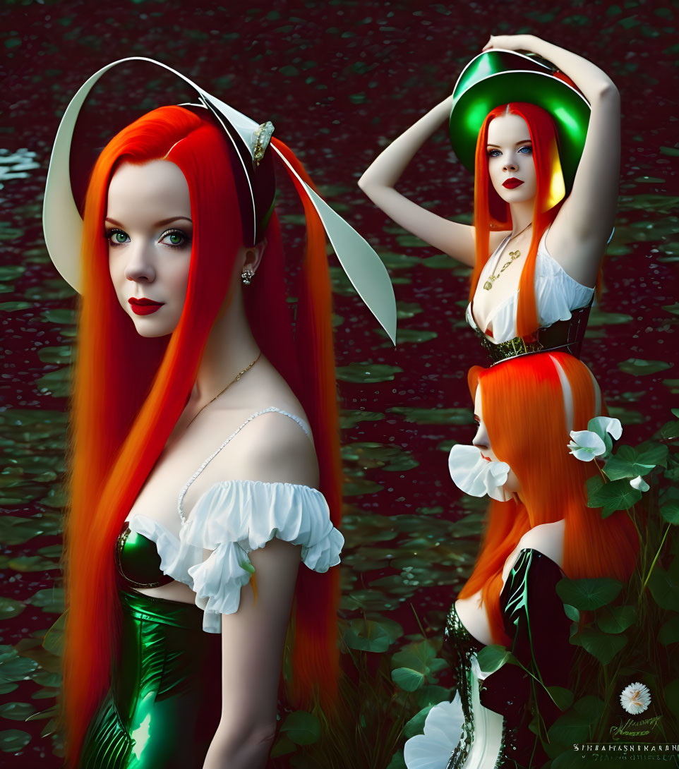 Digital artwork featuring woman with red hair in green corset dress by reflective water.
