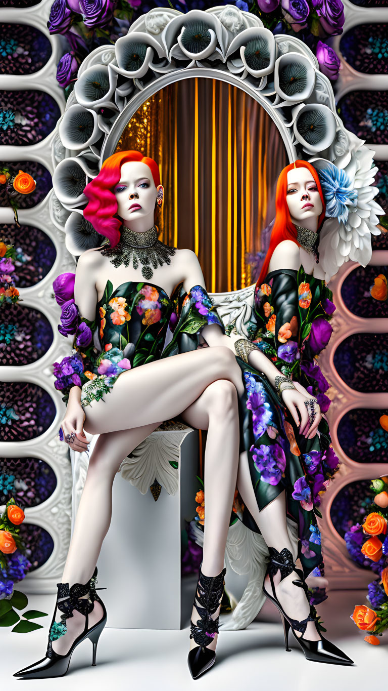 Stylized digital women with colorful hair and floral dresses in ornate setting