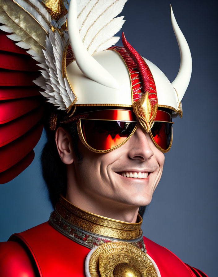 Person in ornate costume with winged helmet and sunglasses on blue background