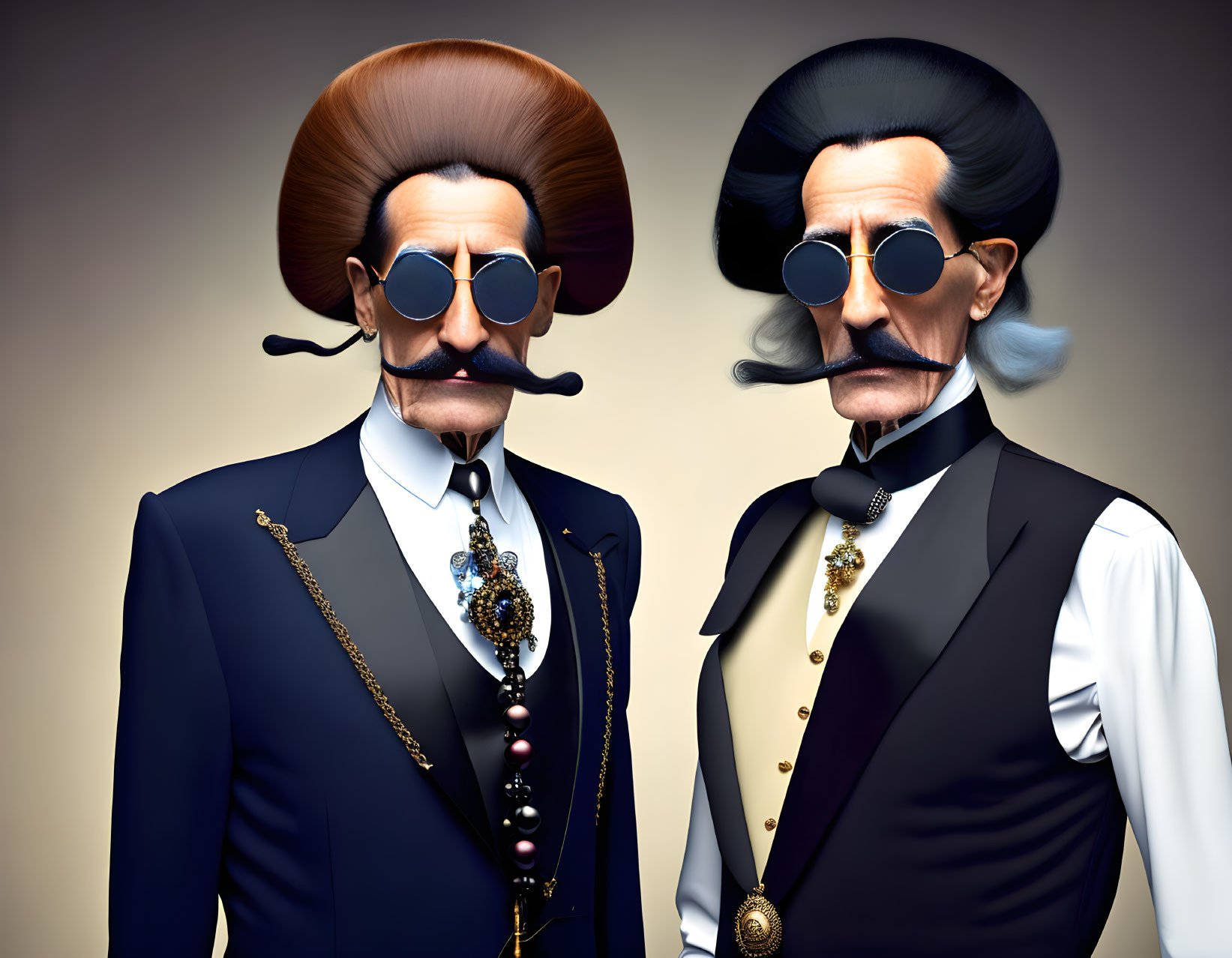 Exaggerated mustaches on stylish animated characters in vintage suits