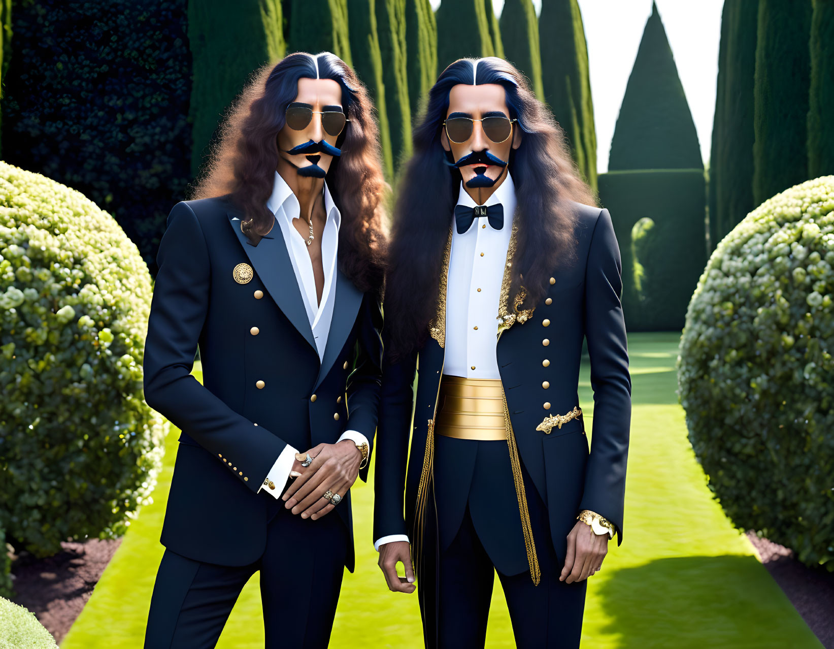 Stylish animated characters with long hair and sunglasses in formal suits and bow ties in a manicured