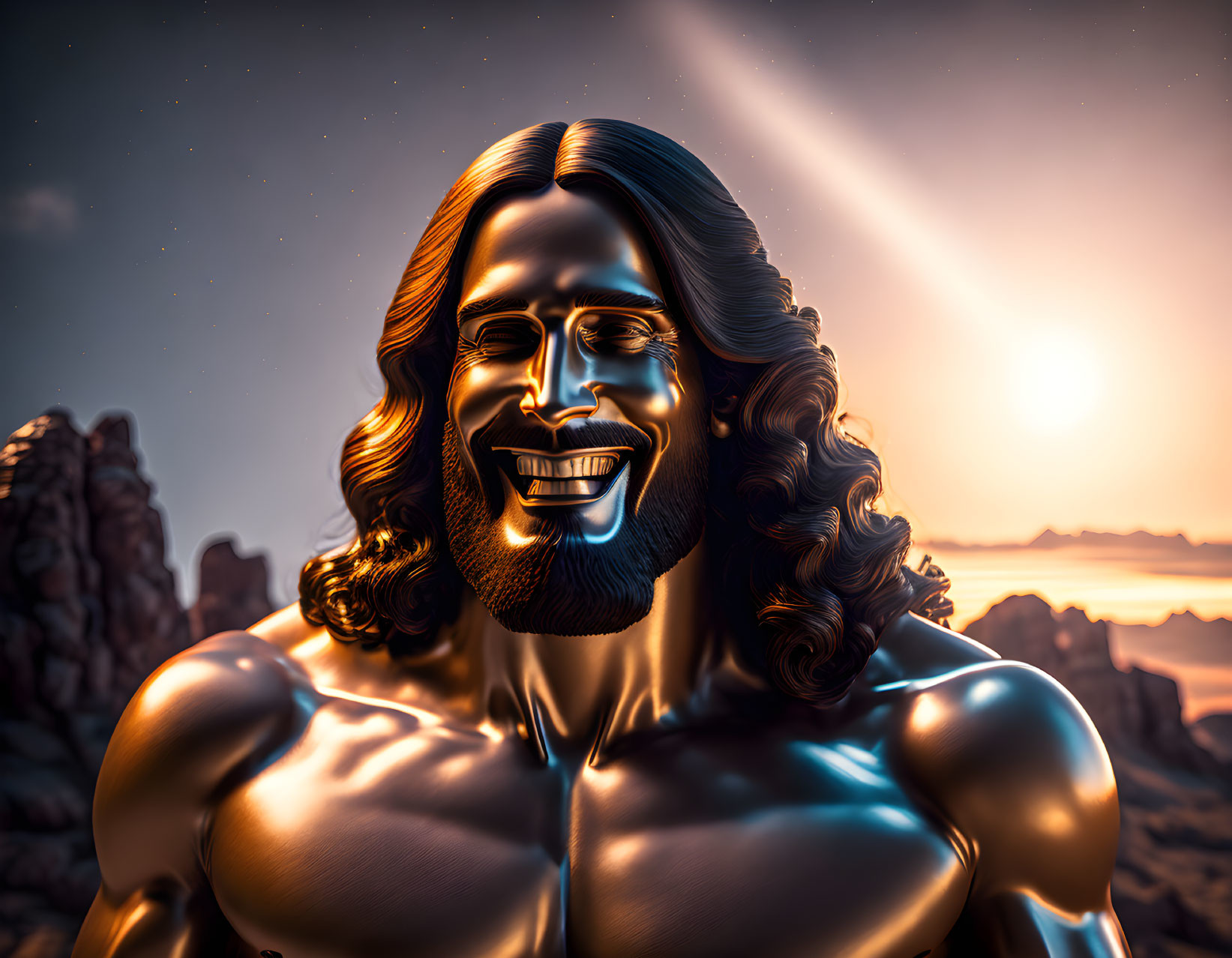 Stylized muscular man with long hair and beard in sunset backdrop