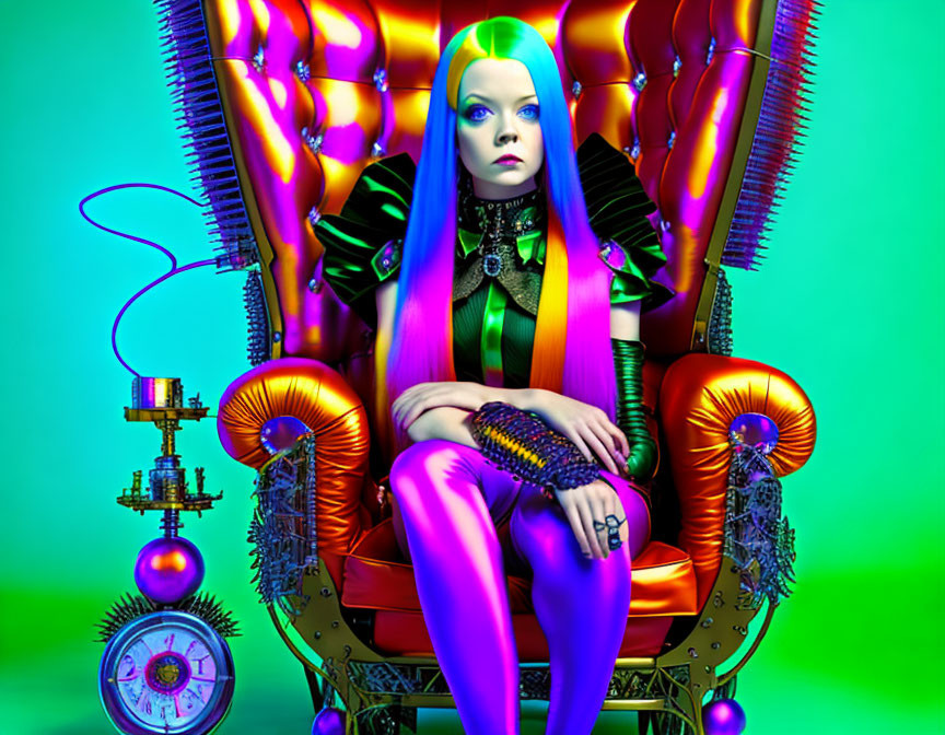Blue-haired woman with colorful makeup on ornate chair against green background