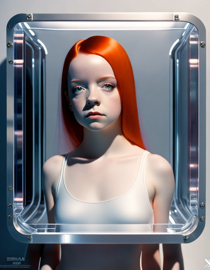 Digital Artwork: Woman with Red Hair and Green Eyes in Futuristic Silver Frame