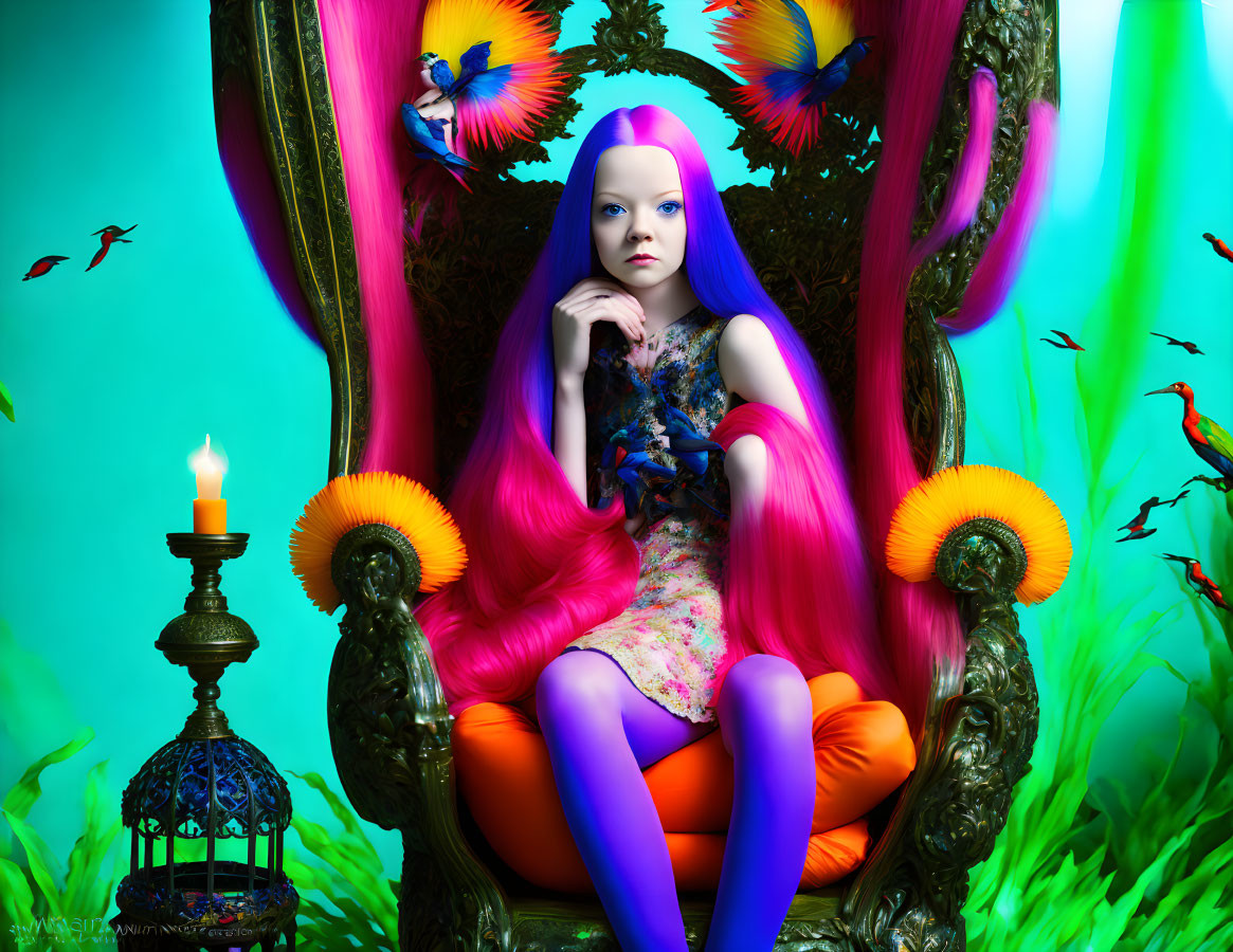Colorful fantasy portrait: Girl with pink hair on throne with birds, candle, lantern