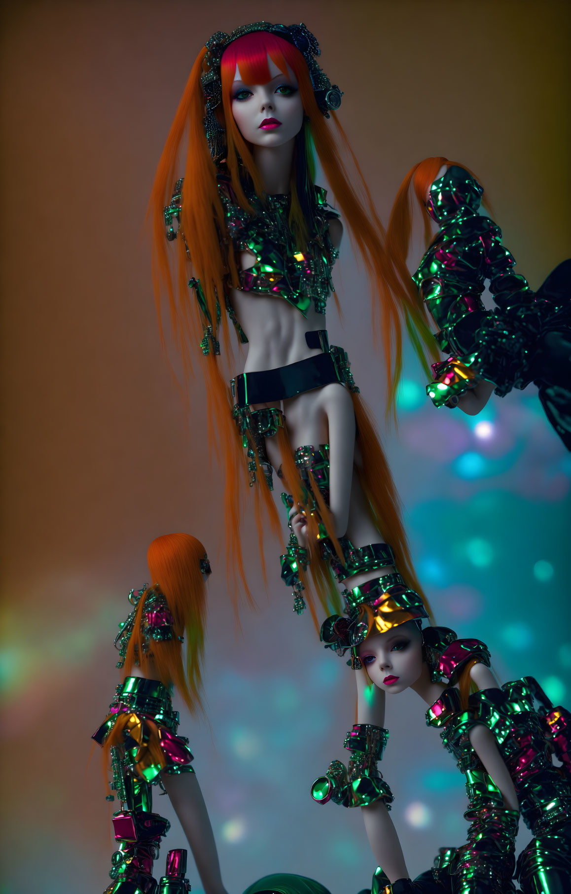 Reflective green outfits on futuristic mannequins with orange hair in vibrant setting