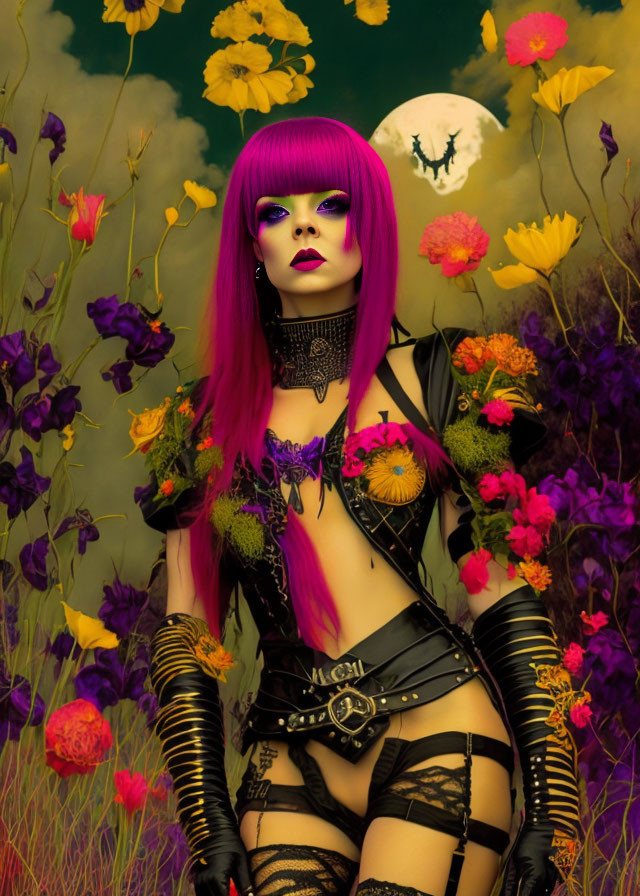 Vibrant pink hair woman in gothic attire among colorful flowers and moon.