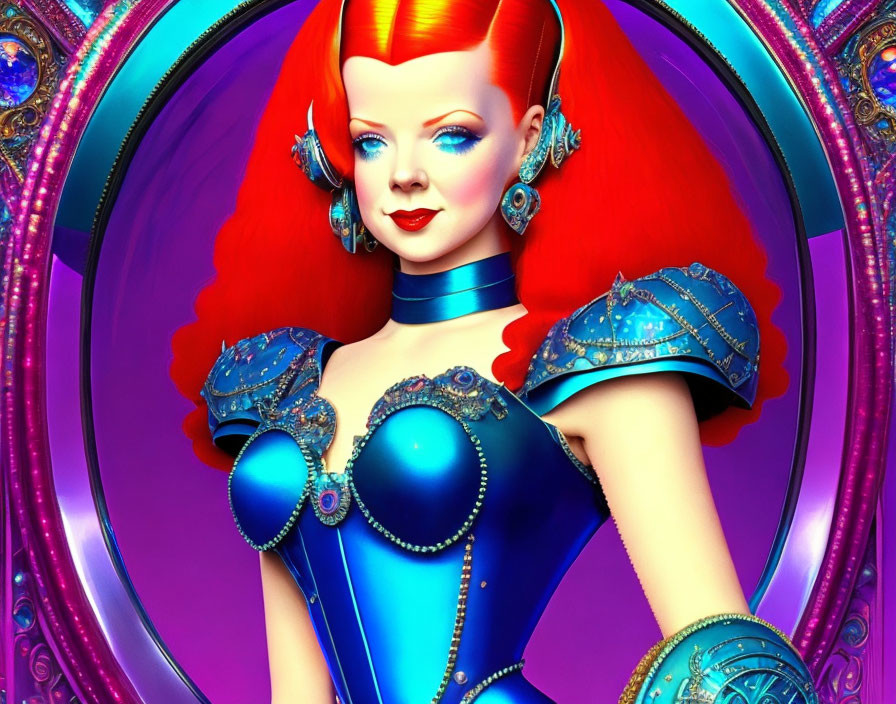Colorful digital artwork: Female character with red hair and blue armor on purple background