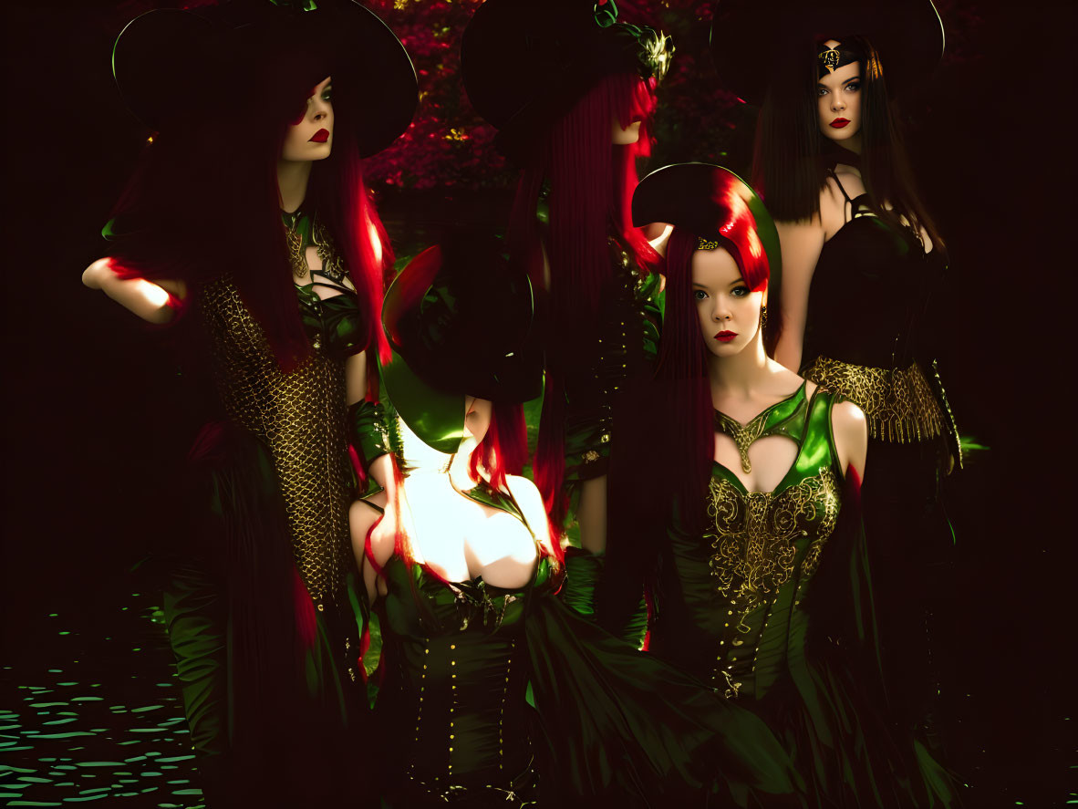 Four women in dark and green fantasy costumes with glowing orbs in shadowy forest