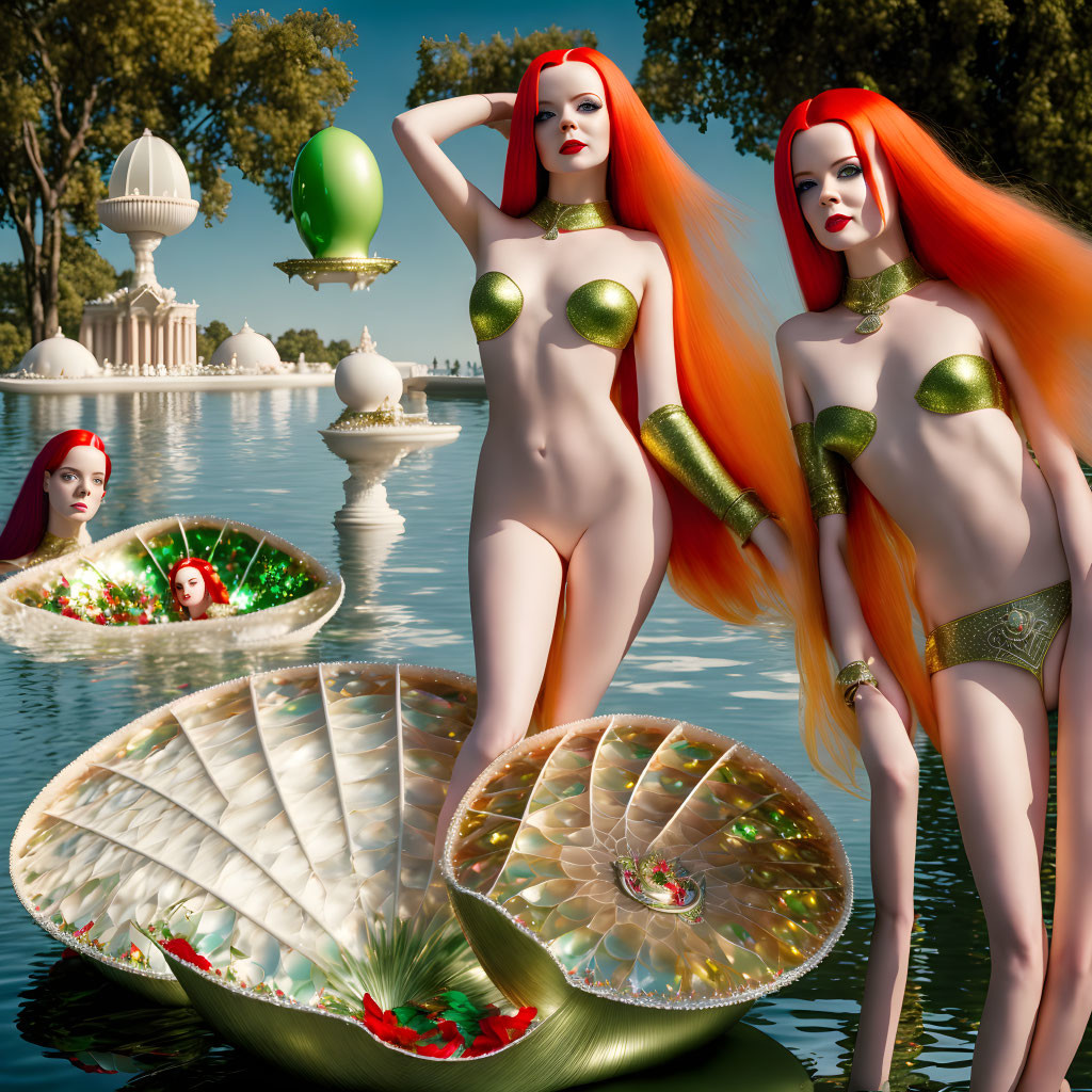 Three red-haired mermaid-like figures with shell accessories in a water garden.