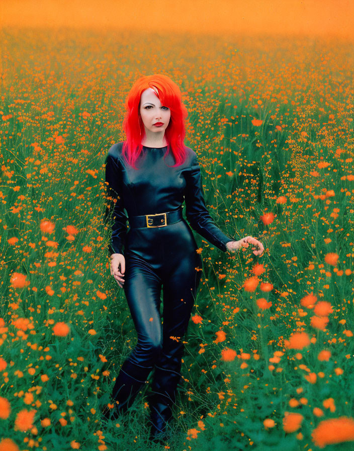 Red-Haired Woman in Black Bodysuit Surrounded by Orange Flowers