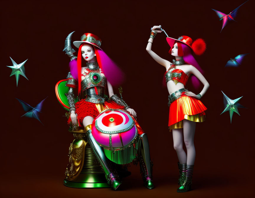 Whimsical female figurines in vibrant marching band outfits with surreal elements and colorful stars on brown background